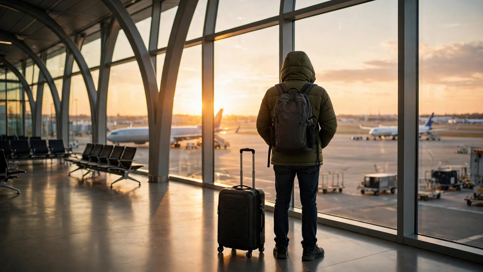 best travel insurance companies compared by a traveler watching planes at an airport window at sunset