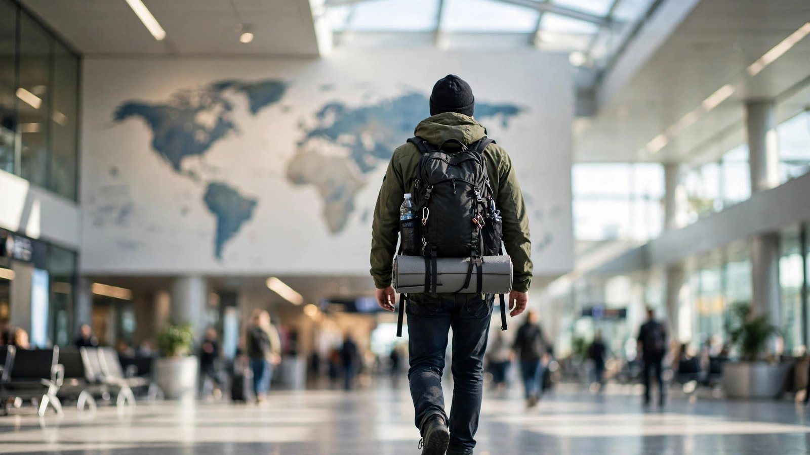 international travel insurance for a backpacker departing on a world trip from an international airport