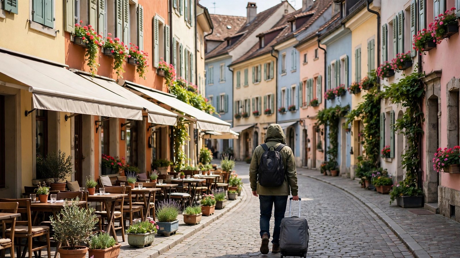 travel insurance for international travel while exploring a European old town with a suitcase