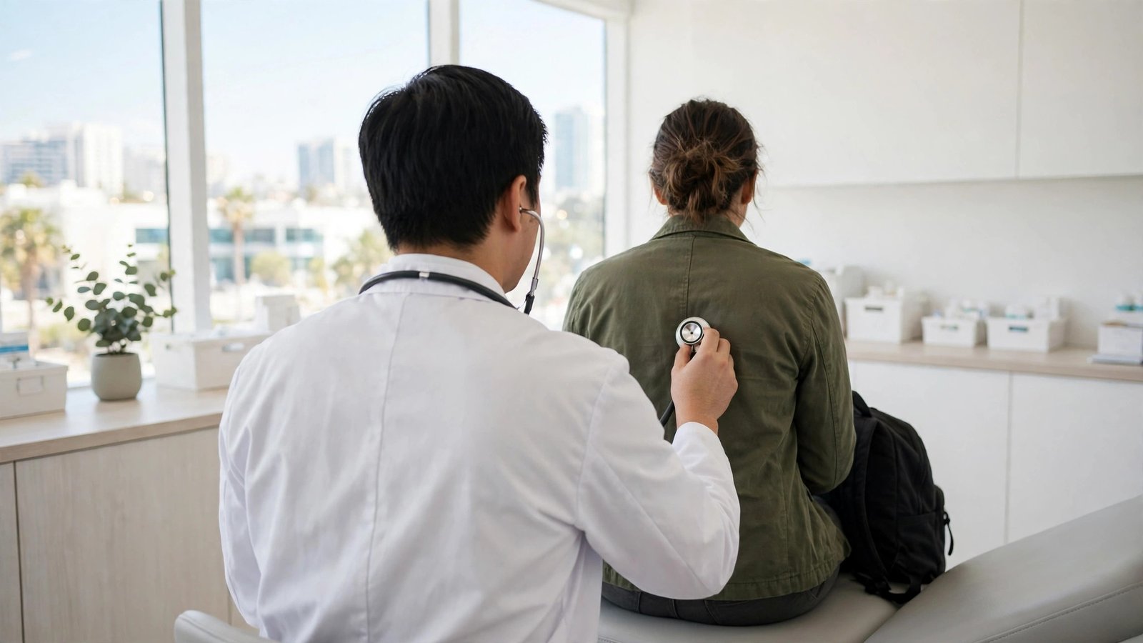 travel medical insurance helping a traveler during a checkup at a bright overseas clinic