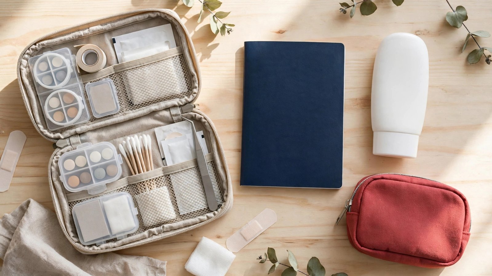 medical travel insurance essentials packed with a passport and travel medicine kit