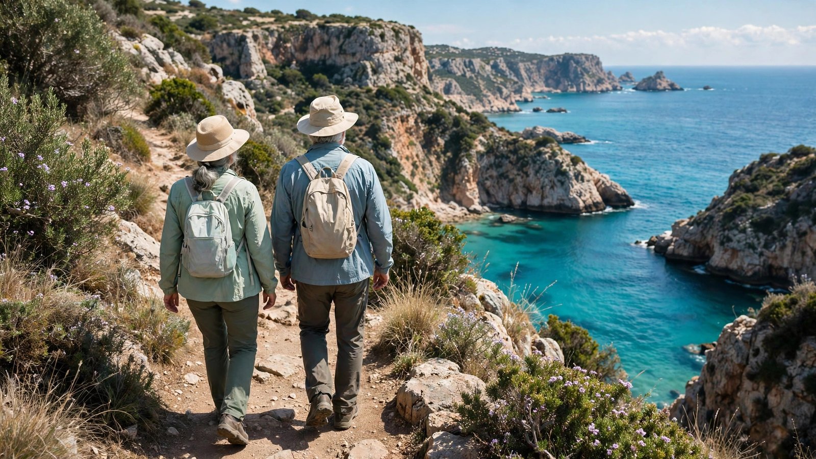 best travel medical insurance for healthy seniors hiking a sunny coastal path