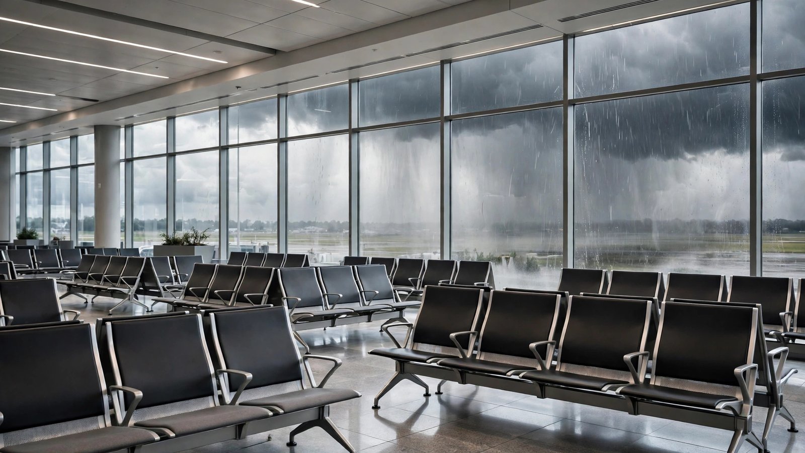 trip cancellation insurance for a quiet airport terminal as a storm closes in outside